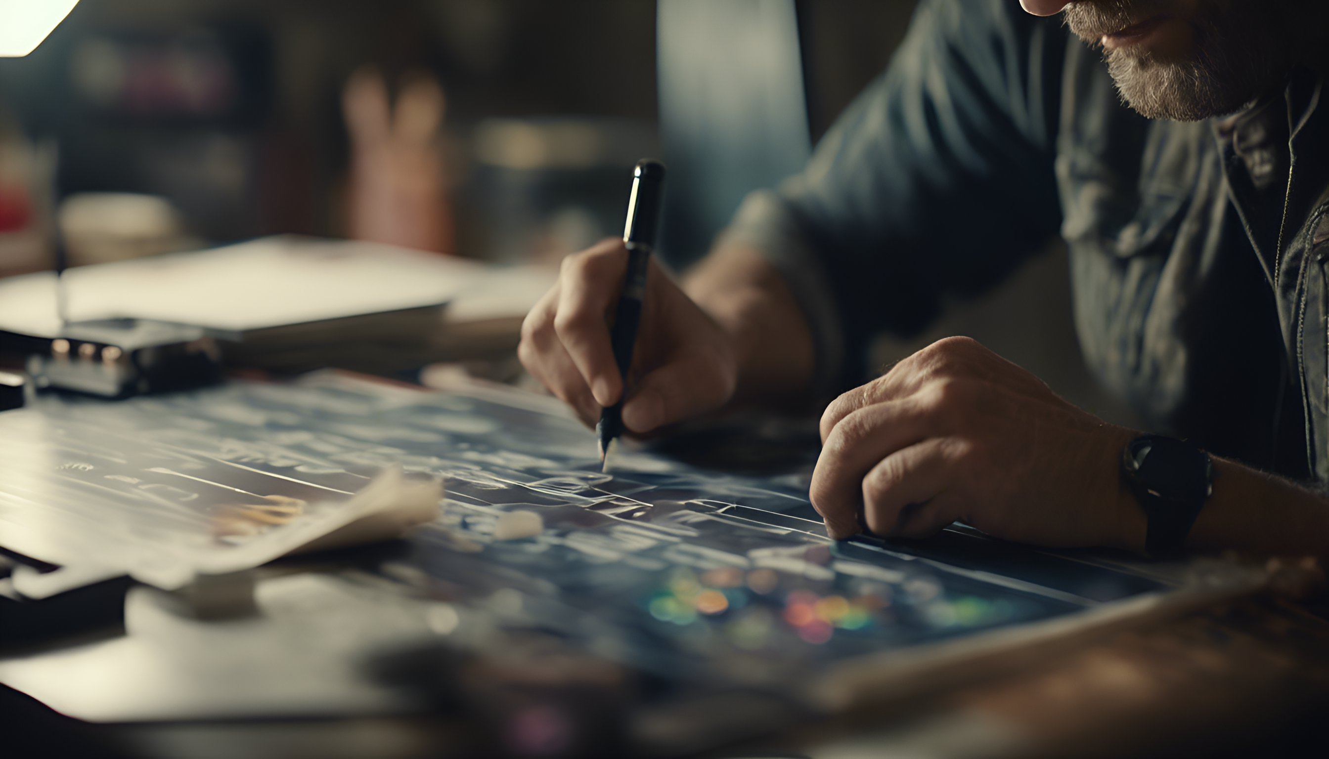 Professional man graphs out marketing information with a pen